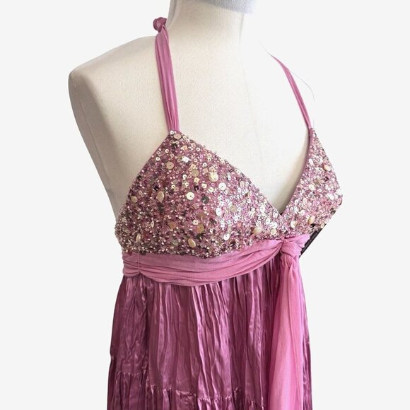 BCBG MAXAZRIA Dusty Rose Beads Sequins Halter Dress Women Size 4 Silk‎ Prom NEW - Picture 3 of 16